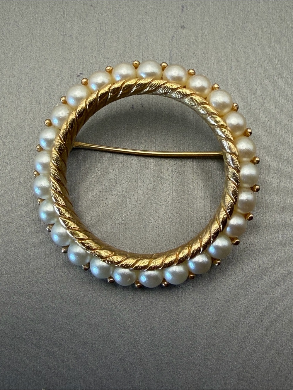 Crown Trifari Gold-Tone Faux Pearl Circle Brooch